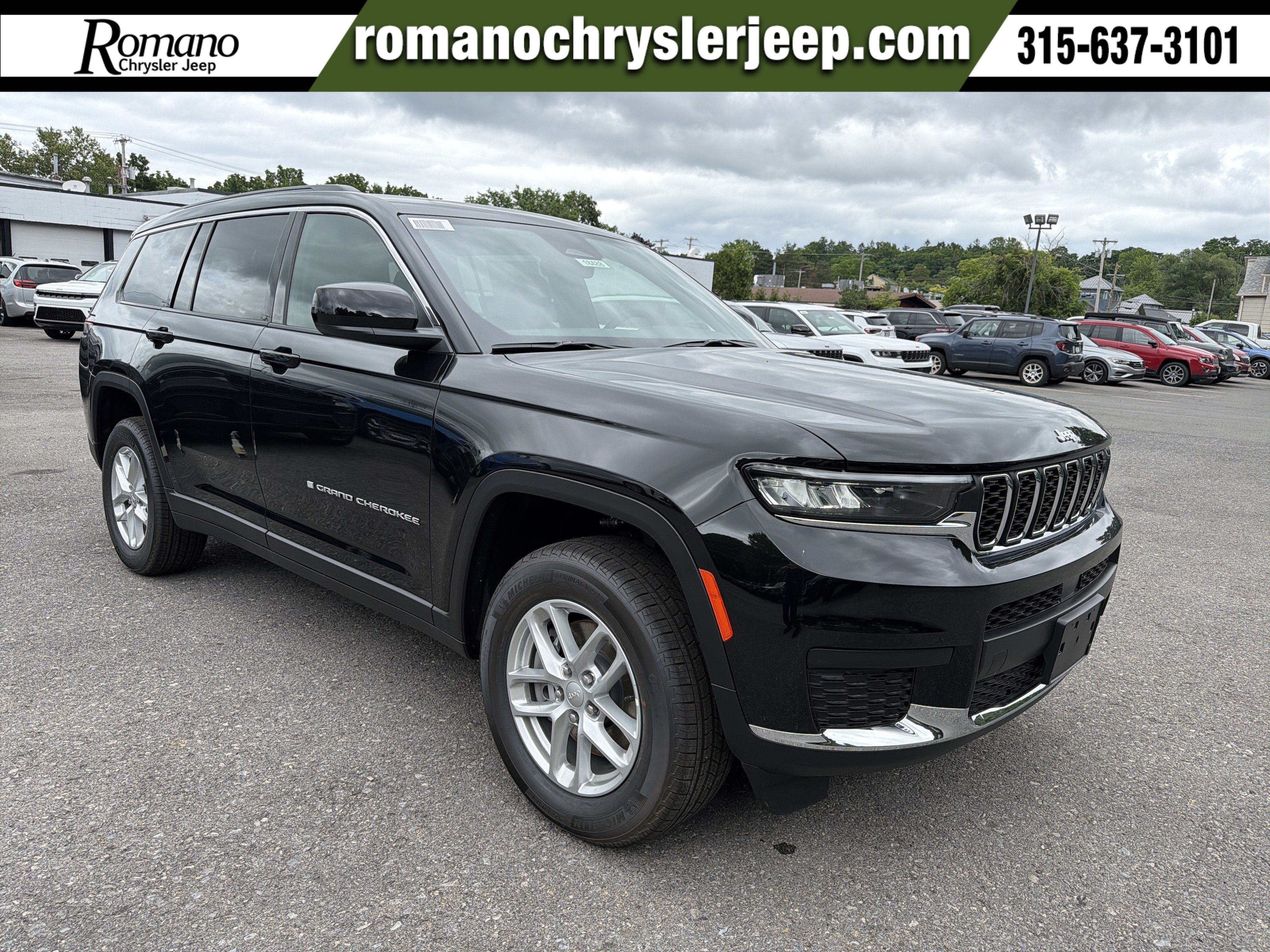 2026 Jeep Grand Cherokee L Laredo X in Diamond Black Crystal Pearlcoat — front three-quarter view